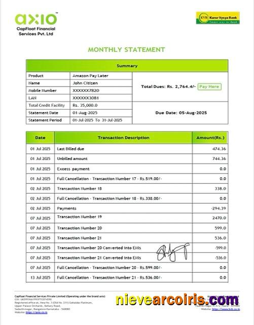 India Karur Vysya Bank account statement Word and PDF, version 2